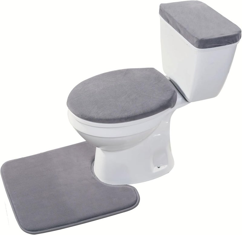 Madeals Velvet Toilet Lid Cover and Tank Lid Cover with Toilet Mat Memory Foam 3 Piece Toilet U Shaped Mat Set Grey - Image 2